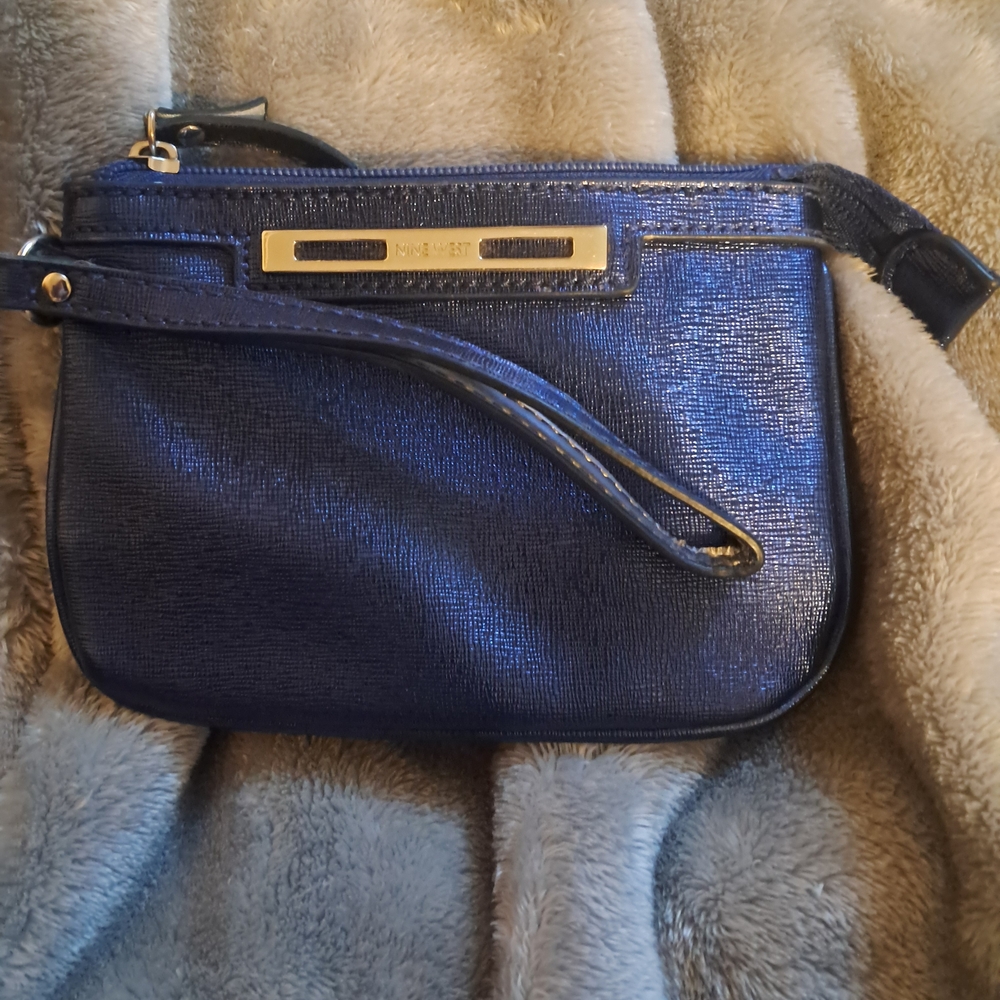 Nine West Metallic Navy Wristlet Clutch with Gold Accent
